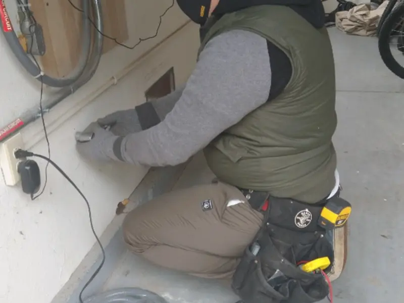 Electrician performing outlet wiring in a Upper Saddle River garage